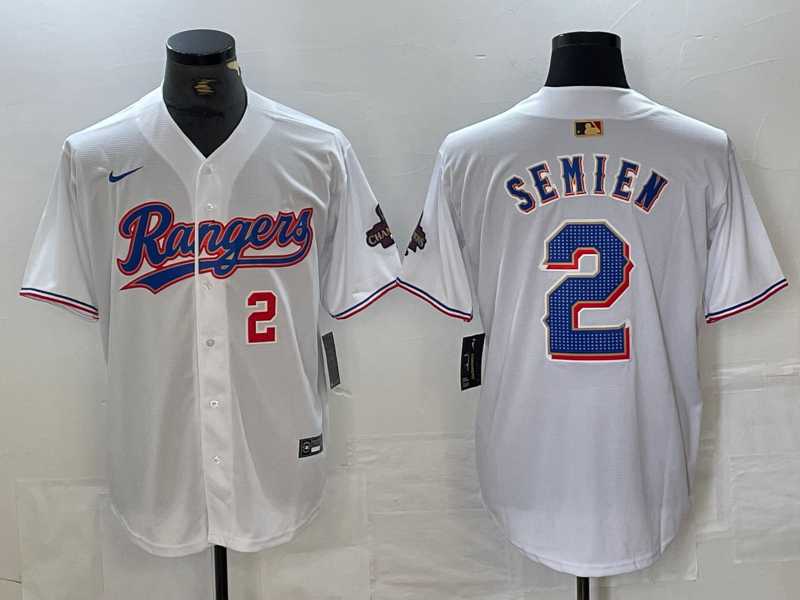 Mens Texas Rangers #2 Marcus Semien Number White 2023 World Series Champions Cool Base Jerseys->texas rangers->MLB Jersey